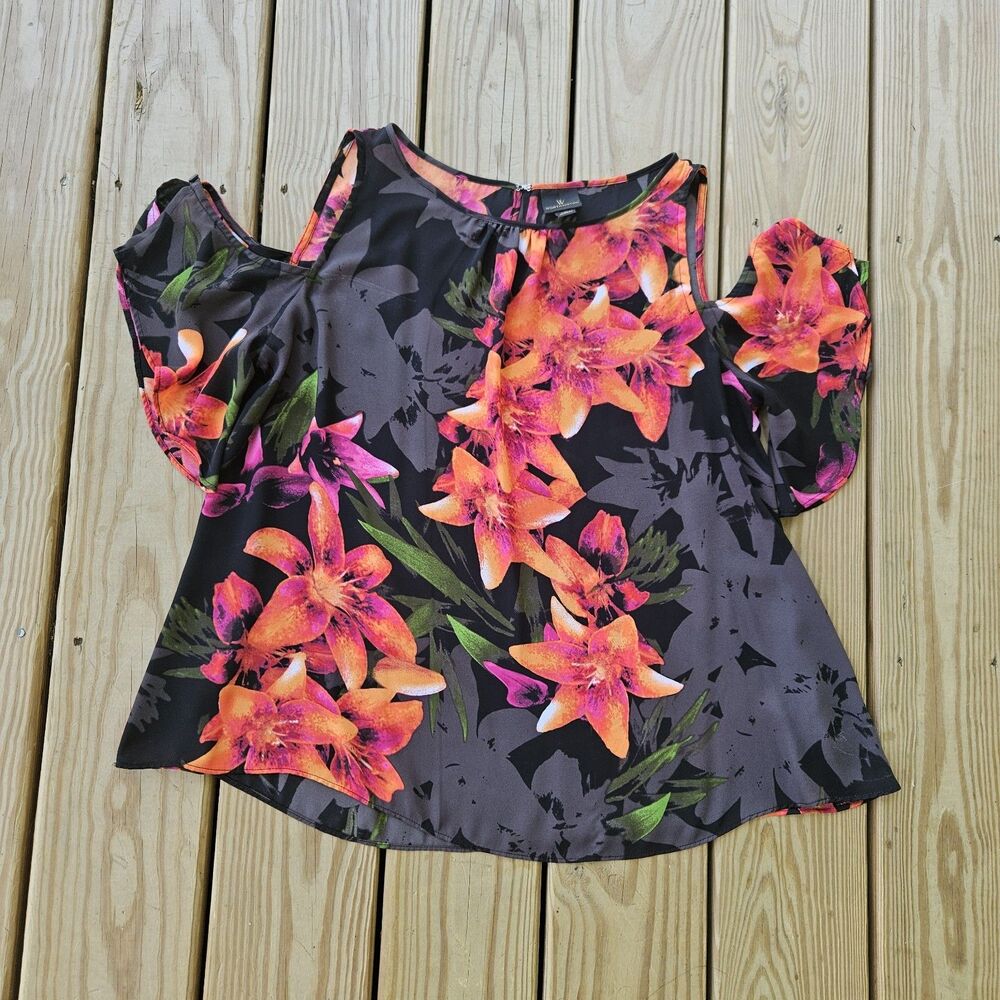 Worthington Cold-Shoulder Tropical Floral Blouse Large